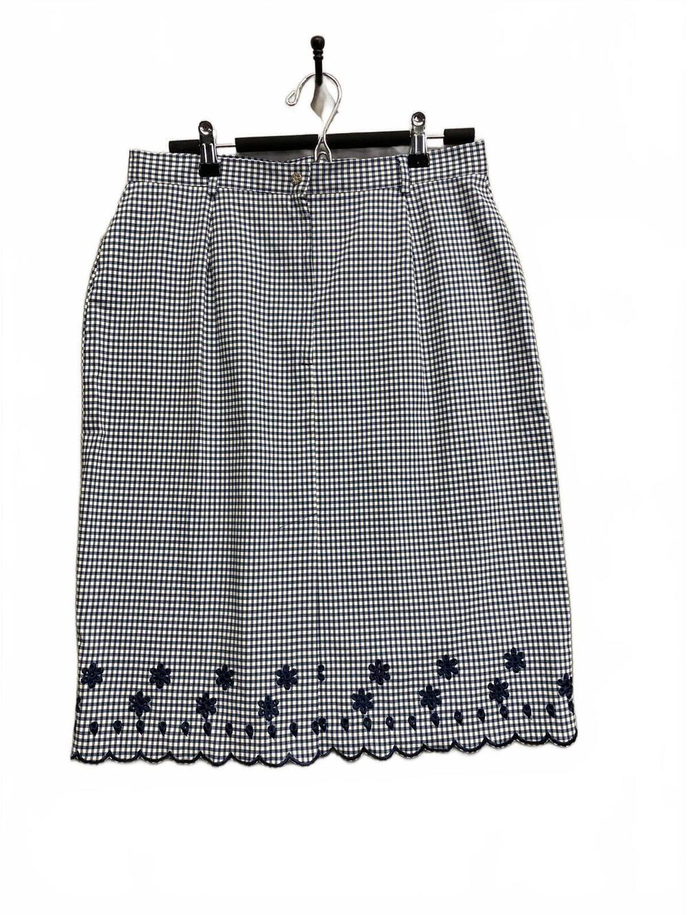 Vtg Conrad C Navy and White Gingham Embroidered Floral Stretch Skirt Size 12